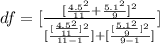 df = [ \frac{[\frac{4.5^2 }{11} + \frac{5.1^2}{9}  ]^2}{[\frac{[\frac{4.5^2}{11} ]^2}{ 11 - 1 } ] + [\frac{[\frac{5.1^2}{9} ]^2}{9 -1}  ]} ]