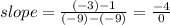 slope=\frac{( - 3) - 1}{ (- 9) - ( - 9)}  =  \frac{ - 4}{0}