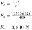 F_c = \frac{mv^2}{r} \\\\F_c = \frac{(1500)(32)^2}{400}\\\\F_c = 3,840 \ N