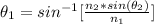 \theta _1  =  sin^{-1}[\frac{n_2 * sin(\theta _2)}{n_1} ]