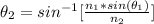 \theta _2  =  sin^{-1}[\frac{n_1 * sin(\theta _1)}{n_2} ]