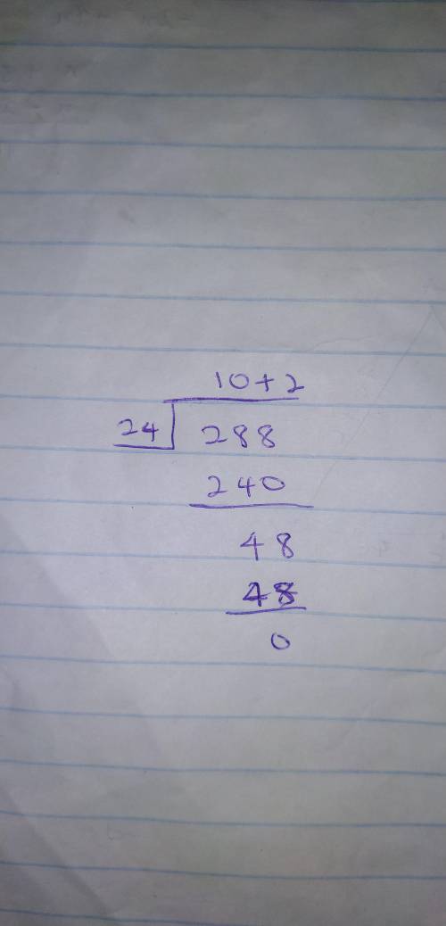 Part of the student's solution for finding the quotient 288 ÷ 24 is shown below. 240 ÷ 24 = 10 288 –