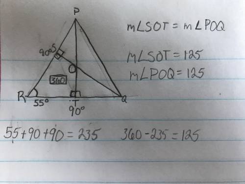 In the diagram below qs and pt are altitudes and m r=55 what is m poq