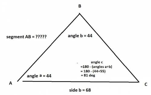 For a triangle abc, find the measure of segment ab given m∠a = 55°, m∠b = 44°, and b = 68.