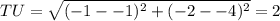 TU= \sqrt{(-1 --1)^2 + (-2 --4)^2} = 2