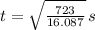 t = \sqrt{\frac{723}{16.087} }\,s