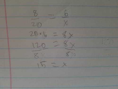 Find the value of x so that the ratios 8:20 and 6:x are equivalent

x=
please help asap will give br