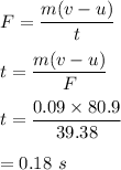 F=\dfrac{m(v-u)}{t}\\\\t=\dfrac{m(v-u)}{F}\\\\t=\dfrac{0.09\times 80.9}{39.38 }\\\\=0.18\ s