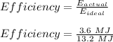 Efficiency = \frac{E_{actual}}{E_{ideal}}\\\\Efficiency = \frac{3.6\ MJ}{13.2\ MJ}