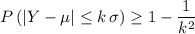 \displaystyle P\left(\left|Y -\mu\right| \le k\, \sigma\right) \ge 1 - \frac{1}{k^2}