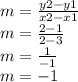 m =  \frac{y2 - y1}{x2 - x1}  \\ m =  \frac{2 - 1}{2 - 3}  \\ m =  \frac{1}{ - 1}  \\m =   - 1