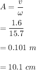 A=\dfrac{v}{\omega}\\\\=\dfrac{1.6}{15.7}\\\\=0.101\ m\\\\=10.1\ cm