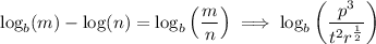 \log_b(m)-\log(n)=\log_b\left(\dfrac mn\right) \implies \log_b\left(\dfrac{p^3}{t^2r^{\frac12}}\right)