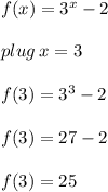 f(x) =  {3}^{x}  - 2 \\  \\ plug \: x = 3 \\  \\ f(3) =  {3}^{3}  - 2 \\  \\  f(3) = 27 - 2 \\  \\  f(3) = 25