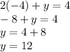 2(-4)+y=4\\-8+y=4\\y=4+8\\y=12