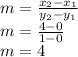 m=\frac{x_{2}-x_{1}  }{y_{2}-y_{1}} \\m=\frac{4-0}{1-0}\\m=4
