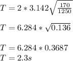 T=2 *3.142 \sqrt{\frac{170}{1250} } \\\\T=6.284* \sqrt{0.136}\\\\T=6.284*0.3687\\T=2.3s