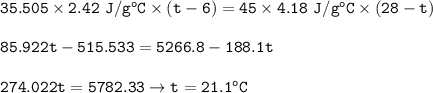 \tt 35.505\times 2.42~J/g^oC\times (t-6)=45\times 4.18~J/g^oC\times (28-t)\\\\85.922t-515.533=5266.8-188.1t\\\\274.022t=5782.33\rightarrow t=21.1^oC