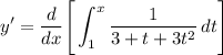 \displaystyle y^\prime=\frac{d}{dx}\Bigg[\int_{1}^{x}\frac{1}{3+t+3t^2}\, dt\Bigg]