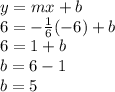 y=mx+b\\6=-\frac{1}{6}(-6)+b\\6=1+b\\b=6-1\\b=5