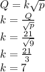 Q=k\sqrt{p}\\k=\frac{Q}{\sqrt{p} }\\k=\frac{21}{\sqrt{9} }  \\k=\frac{21}{3}\\k=7