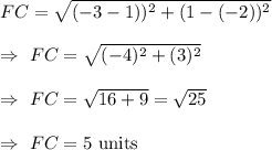 FC=\sqrt{(-3-1))^2+(1-(-2))^2}\\\\\Rightarrow\ FC=\sqrt{(-4)^2+(3)^2}\\\\\Rightarrow\ FC=\sqrt{16+9}=\sqrt{25}\\\\\Rightarrow\ FC=5\text{ units}