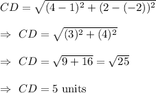 CD=\sqrt{(4-1)^2+(2-(-2))^2}\\\\\Rightarrow\ CD=\sqrt{(3)^2+(4)^2}\\\\\Rightarrow\ CD=\sqrt{9+16}=\sqrt{25}\\\\\Rightarrow\ CD=5\text{ units}