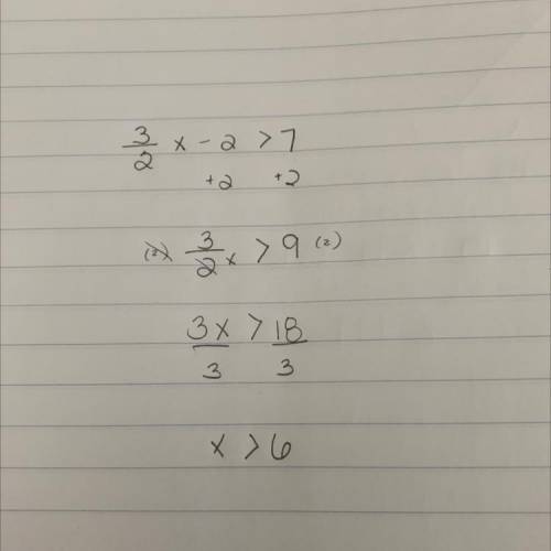 Solve the equation 
3/2x - 2 > 7