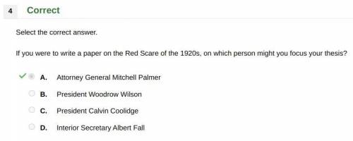 Select the correct answer.

If you were to write a paper on the Red Scare of the 1920s, on which per