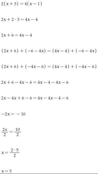 What is the value of x in the equation 2(x+3) = 4(x-1)?
O 1
02
0 3
O 5