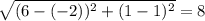  \sqrt{ (6-(-2))^{2}+  (1-1)^{2} }=8 