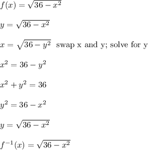 f(x) = \sqrt{36-x^2}\\\\y = \sqrt{36-x^2}\\\\x = \sqrt{36-y^2} \ \text{ swap x and y; solve for y}\\\\x^2 = 36-y^2\\\\x^2+y^2 = 36\\\\y^2 = 36-x^2\\\\y = \sqrt{36-x^2}\\\\f^{-1}(x) = \sqrt{36-x^2}\\\\