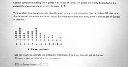 A cereal company is putting 1 11 of 4 44 prizes in each box of cereal. The prizes are evenly distrib