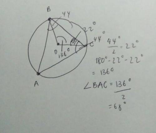 The figure shows triangle ABC inscribed in circle D.

If the measure of angle CBD = 44°, find the me