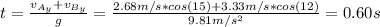t = \frac{v_{A_{y}} + v_{B_{y}}}{g} = \frac{2.68 m/s*cos(15) + 3.33 m/s*cos(12)}{9.81 m/s^{2}} = 0.60 s