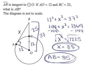 Ab is tangent to o. if ao=12 and bc=25 what is ab ?  the diagram is not to scale.