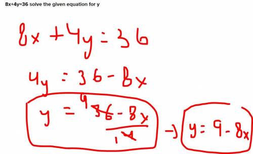 8x+4y=36 solve the given equation for y