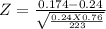 Z = \frac{0.174-0.24}{\sqrt{\frac{0.24 X 0.76}{223} } }