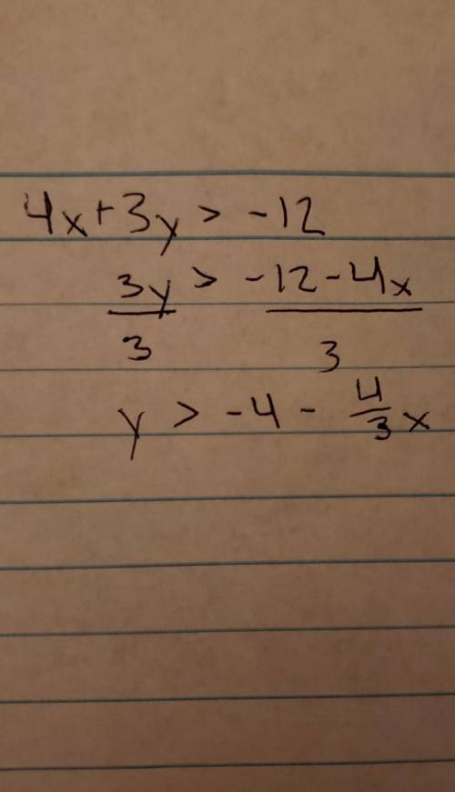 Change the inequalities below to get 'y' by itself.
4x + 3y > -12