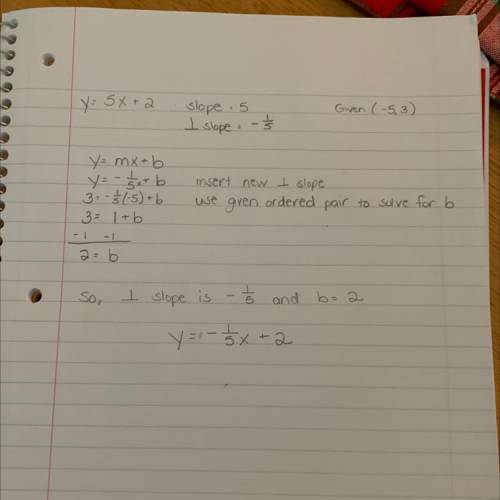 Write the equation of the line that

is perpendicular to y = 5x + 2 and passes
through the point (-5