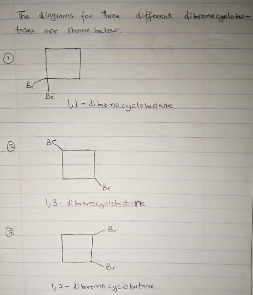 Draw three different dibromocyclobutanes (there are six possibilities when including directionality)