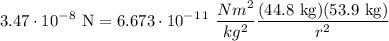 \displaystyle 3.47 \cdot 10^-^8 \ \text{N} = 6.673 \cdot 10^-^1^1 \ \frac{Nm^2}{kg^2} \frac{(44.8 \ \text{kg})(53.9 \ \text{kg})}{r^2}