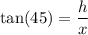 \displaystyle \text{tan(45)} = \frac{h}{x}