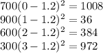 700(0-1.2)^{2}=1008\\900(1-1.2)^{2} = 36\\600(2-1.2)^{2} = 384\\300(3-1.2)^{2} = 972