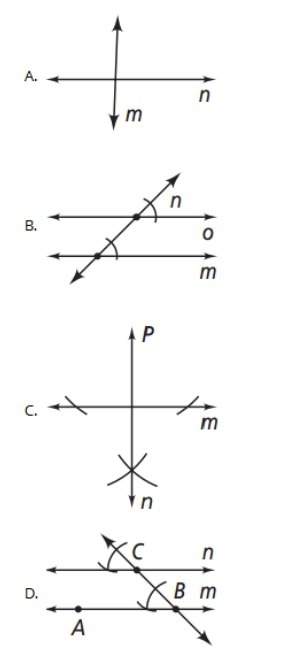 Which diagram below shows a complete construction of line m parallel to line n?
