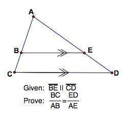1. be || cd 1. given 2. ∠a ≅ ∠a 2. reflexive property 3. ∠acd ≅ ∠abe 3. corresponding an