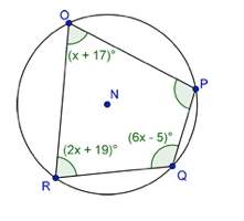 Quadrilateral opqr is inscribed in circle n, as shown below. what is the measure of ∠qro? quadrilat