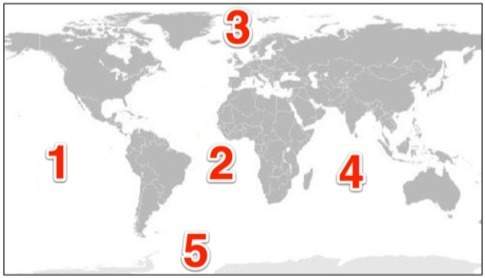 Which number represents the pacific ocean?  a) 1  b) 2  c) 3  d) 4