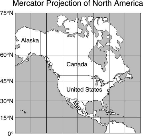 In this mercator map of north america, canada and alaska together appear larger than the united stat