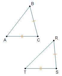 In the triangles, line segment b c is-congruent-to line segment r s and line segment a c is-congruen